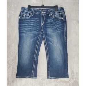 Rock Revival Noelle Capri Women's 32 Blue Studded Flap Pocket Gray Leather EUC